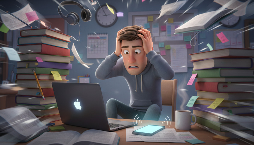 студент с СДВГ за столом: перегруз и отвлечения при подготовке диплома