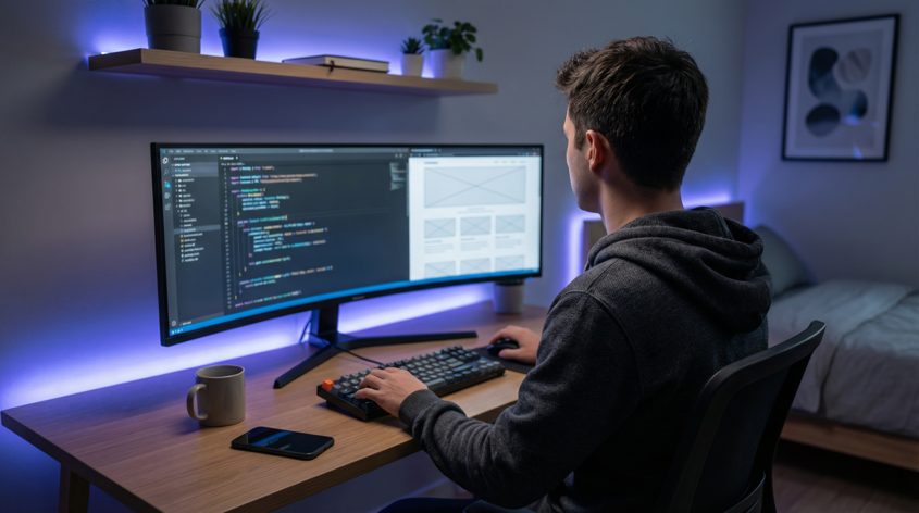 подработка студенту в 2026: разработка сайта в тёмной комнате с неоновой подсветкой, вид со спины